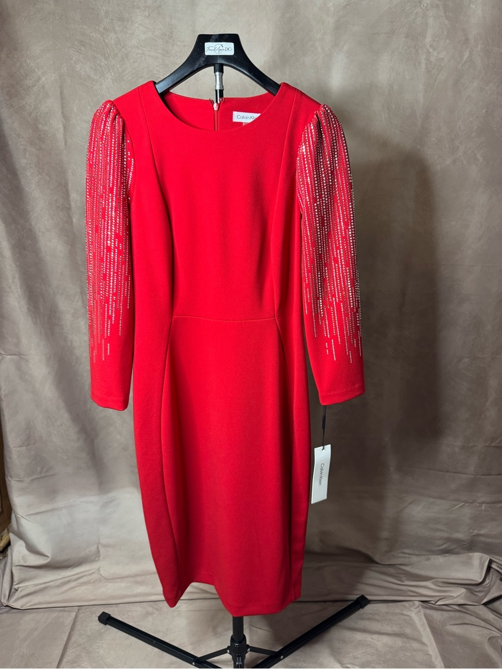 Calvin Klein Red Embellished Sleeve Sheath Dress NWT